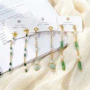 Orecchini lunghi perle acqua dolce con giada verde, gioielli oro eleganti stile cinese.