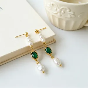 Freshwater pearl green gemstone long drop earrings, elegant retro Chinese style jewelry detail.