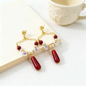 Elegant new Chinese style freshwater pearl earrings with red agate and crystal details for women