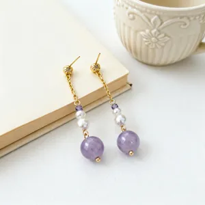 Chinese style pearl long earrings with purple crystal jade beads elegant drop jewelry for women