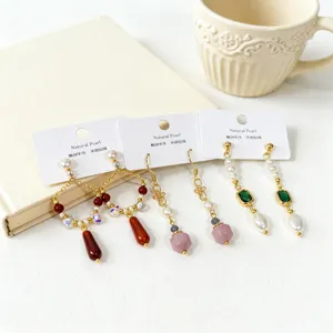 Freshwater pearl earrings featuring natural jade and agate elements, new Chinese style detail.