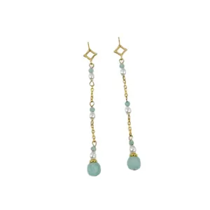 Eleganti orecchini lunghi di perle con perline di giada verde e catena dorata per donne e ragazze.