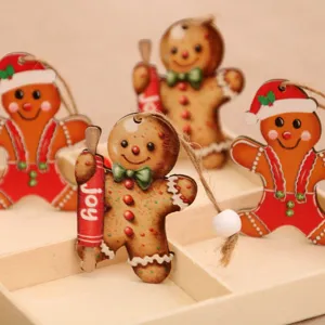 Holz Lebkuchenmann Ornament Detail mit Kordel und weißer Perle für Weihnachtsdeko.