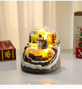 Christmas rotating resin music box ornament with lights, snowy village snowmen decor gift.