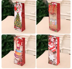 Christmas wine gift bag set kraft paper bags with festive holiday patterns and handles