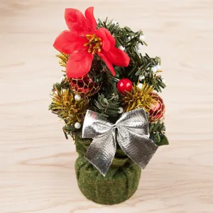Mini Christmas tree desktop decoration with red flower silver bow for holiday party decor