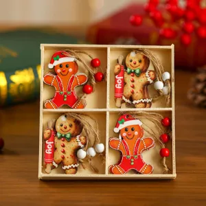 Weihnachten Holz Lebkuchenmann Ornamente Set, 4-Stück hängende Anhänger in Holzkiste.