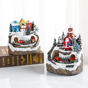 Christmas resin snow scene ornament music box set with rotating train, holiday home decor.