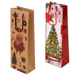 Christmas wine gift bags, kraft paper and red paper festive bottle packaging for holiday.