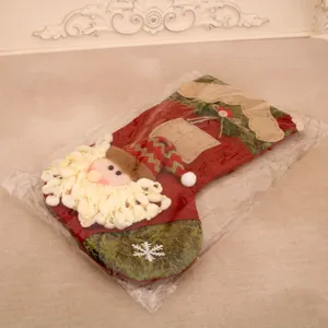 Calcetín de Navidad grande de yute 3D patchwork dibujos animados decoración.