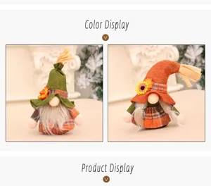 Fall harvest gnome plush doll with cute pointed hat and plaid clothes for autumn home decor.