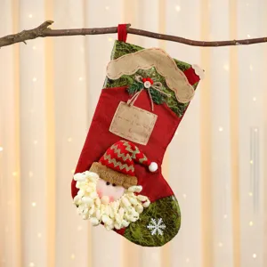 Gran calcetín de Navidad de yute 3D con Papá Noel, ideal para decoración festiva y regalos.