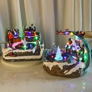 Christmas Resin Musical Water Fountain Figurine Luminous Rotating Snow Village Home Table Decor Holiday Gift