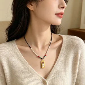 Collar de Colgante Thangka Bodhisattva Étnico Perla de Agua Dulce Cuentas de Cristal Pintado a Mano Collar de Cadena Larga para Suéter Mujer