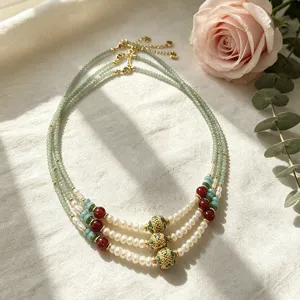 Neo-Chinesischer Vintage Choker Halskette Mit Süßwasserperle Roter Achat Grüner Kristall Zellenschmelz-Emaille Vergoldetes Kupfer Perlen Halskette Für Damen