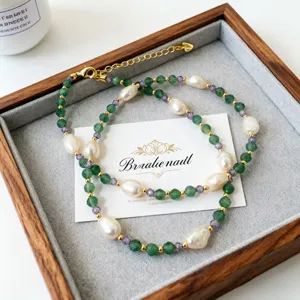 Collier Fait Main Pierre Naturelle Vert Menthe Améthyste Perle d'Eau Douce Baroque Chaîne de Clavicule Pour Femmes Bijoux Rétro