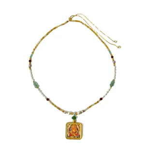 Collar Thangka tibetano con perlas y cristales, cadena de jersey ajustable de 75 cm.