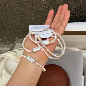 Detail of handmade baroque pearl bracelets with rectangular gum-shaped natural pearls