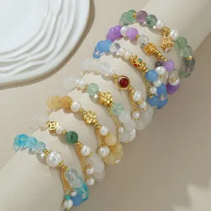 Vintage Neuer Chinesischer Stil Süßwasserperle Armband Für Damen Natur Achat Kristall Kupfer Sand Gold Perlen Quaste Armband Schmuck
