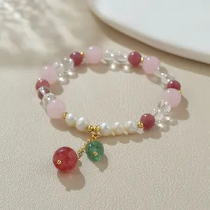 Buntes Kristall und Süßwasserperlen Armband mit süßen Frucht Anhängern Damenschmuck