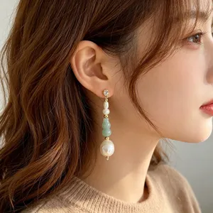 Neo-Chinese Style Freshwater Pearl Drop Earrings For Women Vintage Gold Plated Copper Dongling Jade Agate Crystal Rhinestone Long Tassel Earrings Jewelry