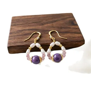 Orecchini vintage di perle d'acqua dolce naturali con agata viola e cristallo rosa.