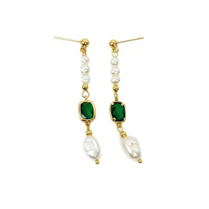 Elegant freshwater pearl and green stone dangle earrings for women stylish Chinese style jewelry