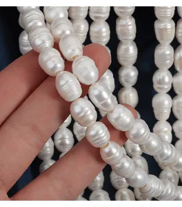 9mm Deep Threaded Large Hole Natural Freshwater Rice Pearl Strand Jewelry DIY Detail Shot