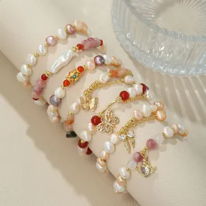 Neuer Chinesischer Stil Natur Süßwasserperle Armband Erdbeerquarz Jadeit Verstellbarer Kordelzug Armband Damen Schmuck Geschenk