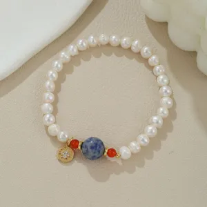 Süsswasserperlen Armband mit blauem Stein und goldenem Stern Anhänger eleganter Schmuck