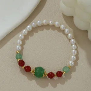 Natürliches Süßwasserperlen Armband mit rotem Zinnober und grünen Jadeperlen, elastischer Schmuck.