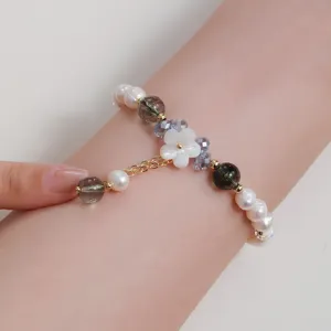 Süßwasserperle Erdbeerquarz Muschel Blume verstellbares Armband Damen Schmuck Detail