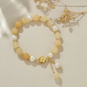 Retro chinesischer Stil natürliche Süßwasserperle Armband gelber Achat Kristall Goldschmuck.