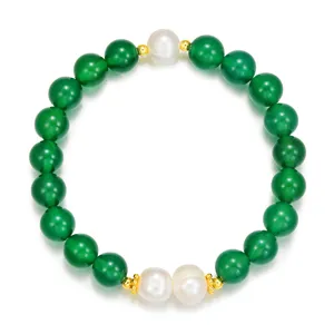 Natürlicher grüner Achat Edelstein und Süßwasserperlen Perlenarmband für Damen Schmuck