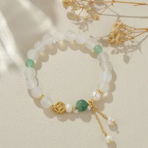 Chinesisches Vintage Natur-Süßwasserperle Kristall Armband Achat Goldmünze Schmuck