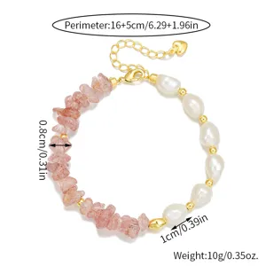 Süsswasserperle und rosa Kristall Edelstein Armband mit vergoldeter Verlängerungskette.