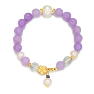 Wunderschönes Süßwasserperle lila Kristall Perlen Armband mit goldener Blumen Anhänger.