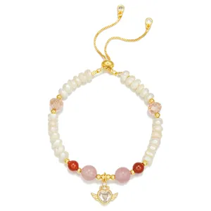 Süsswasserperle Erdbeerkristall verstellbares Armband, süsses geflügeltes Herz Anhänger Schmuck.