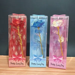 Kunstmatige Bladgoud Roos Bloem Kleurrijke Holografische Plastic Roos Met Geschenkdoos Valentijnsdag Feestdecoratie