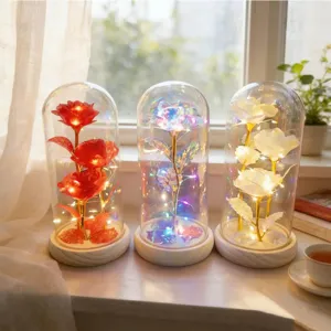 Gold foil rose glass dome LED night light, romantic Valentine's Day gift home decor.