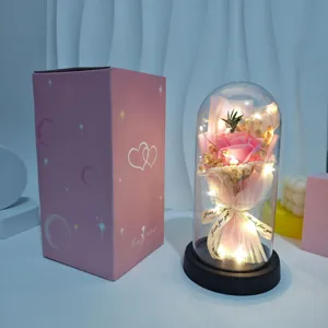 LED rose soap flower night light in glass dome with gift box for romantic occasions.