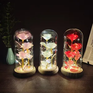 Gold Foil Rose Eternal Flower Glass Cover Night Light Romantic Valentine Gift Creative Desktop Decor LED Bedside Lamp