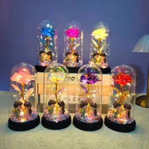 Eternal rose glass dome light with gold foil flower and couple figurine for romantic gift
