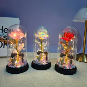 Eternal rose glass dome light with colorful gold foil flower and romantic couple figurines gift.