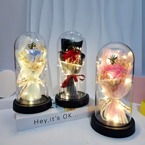 Artificial rose soap flower bouquet night light with clear acrylic dome for romantic gifts