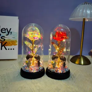 Romantic glowing rose glass dome light gift with couple figurines for Valentine and birthday.