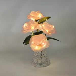 Artificial rose flower bouquet night light with glass vase and LED fairy lights for home decor gift