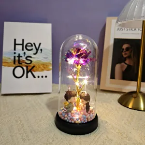 LED glass rose dome light with couple figurine romantic gift for Valentine Birthday.