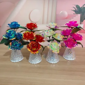 Holographic rose flower bouquet LED night light romantic Valentine's Day creative gift desktop decor.