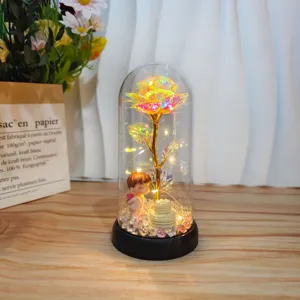 Detailansicht der ewigen Rosen-Glaskuppel-Nachtlampe mit niedlicher Jungenfigur für romantische Geschenke.